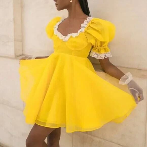 NWT Selkie Sunshine Parliament Puff Sleeve Mini Dress Size Small Yellow #1A503 - Picture 3 of 9